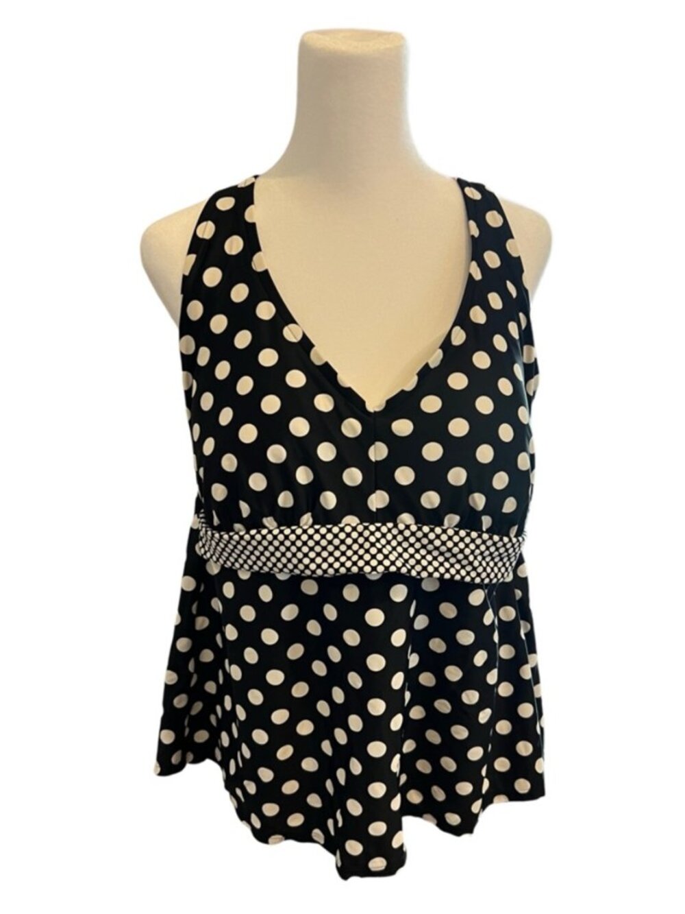Pure Energy Swim Tankini Top Black & White Polka Dot